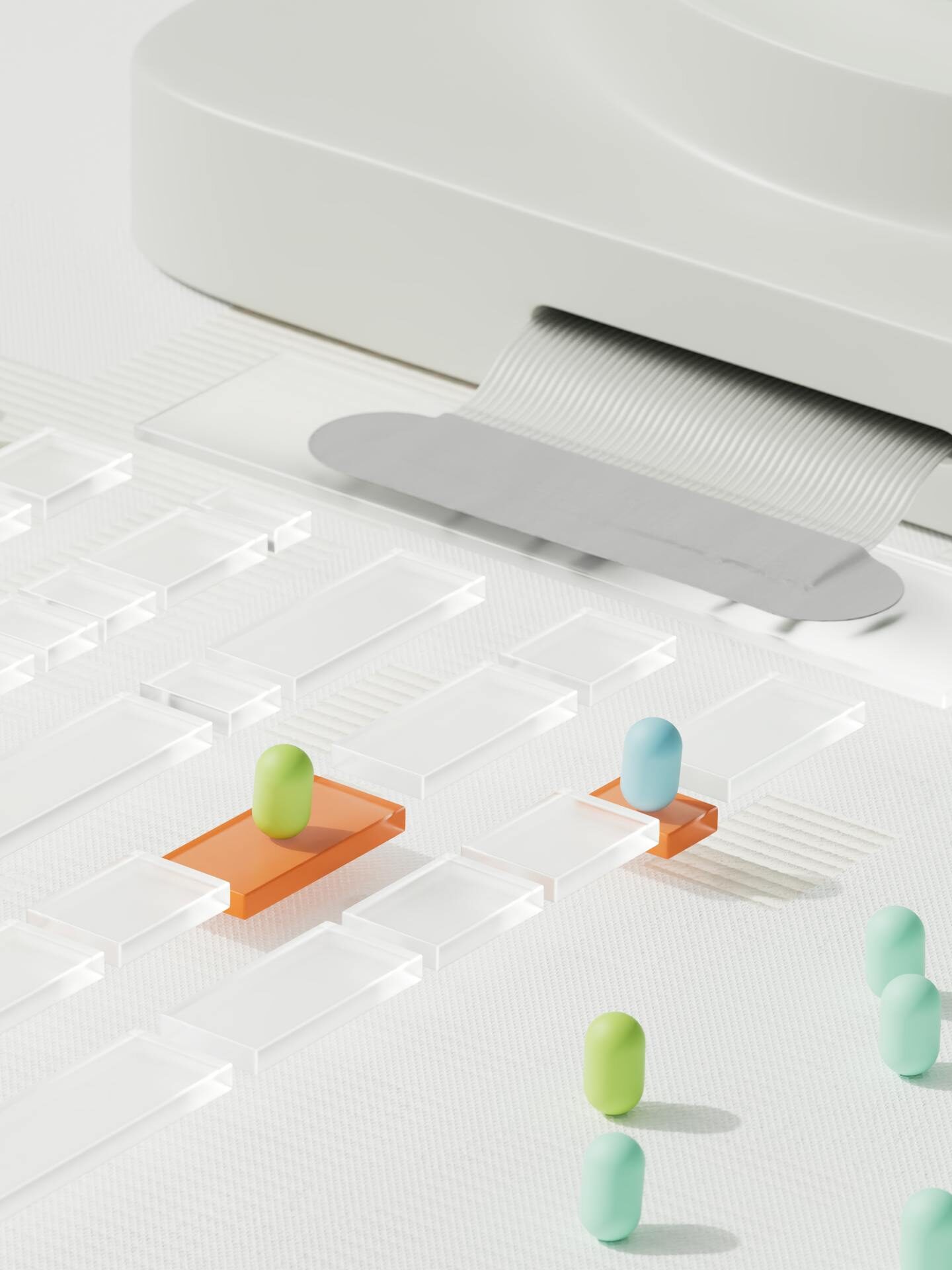 Abstract representation of AI ethics with pills on a clear pathway, symbolizing data sorting.